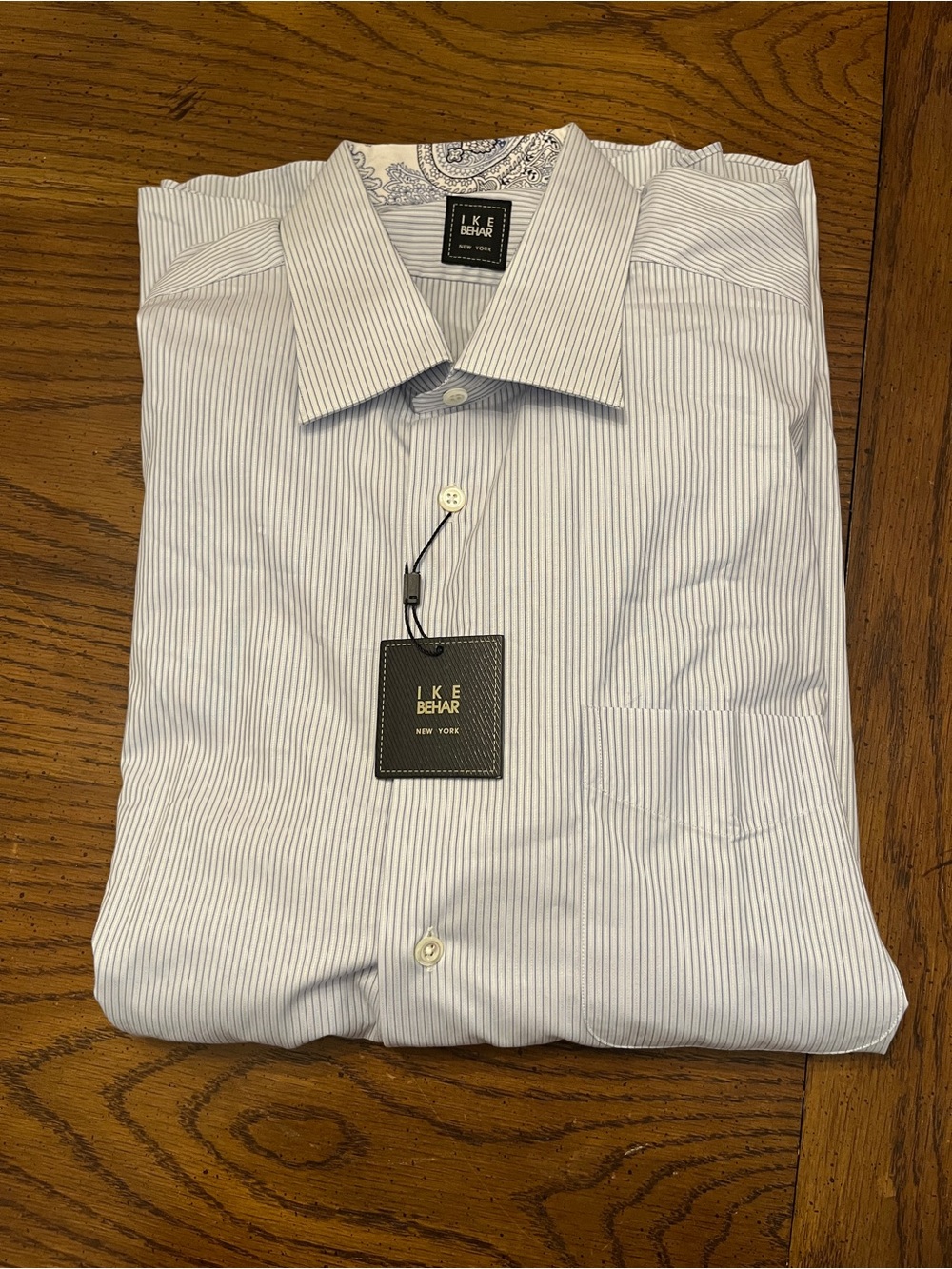 Ike Behar White Shirt with Light Blue Pinstripes, size large/17, new with tags